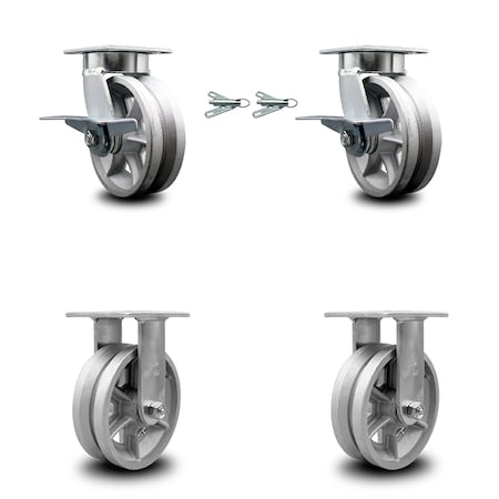 Service Caster 6 Inch Kingpinless V Groove Semi Steel Caster Brake & Swivel Locks 2 Rigid, 2PK SCC-KP30S620-VGR-SLB-BSL-2-R-2